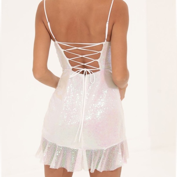 Lucy in the Sky Iridescent Sequin Cowl Neck Dress in White - Picture 2 of 4